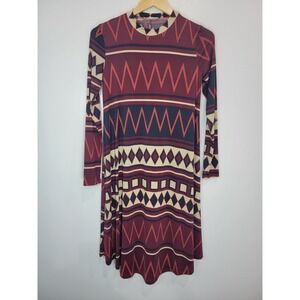Reb & J Geometric Print‎ Long Sleeve Mock Neck Midi Dress Women Size Medium